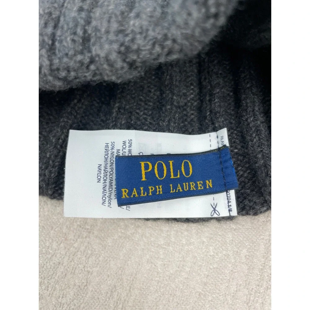Polo Ralph Lauren Kids Charcoal Grey Wool Blend Ribbed Knit Beanie Hat One Size